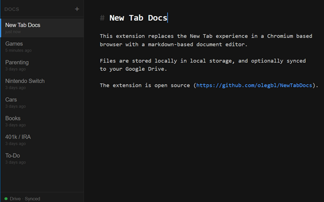 New Tab Docs screenshot
